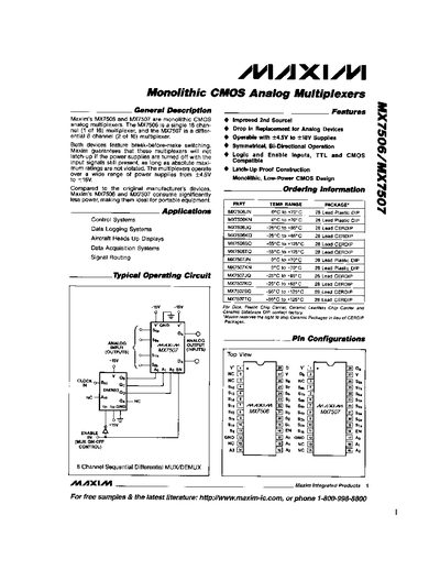Maxim MX7506/MX7507 Analog Multiplexer Datasheet - cover page