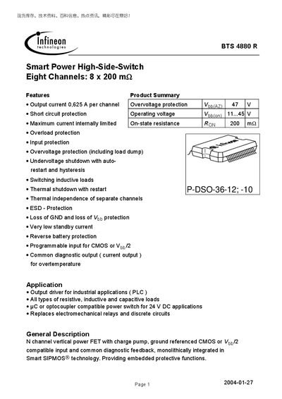 Infineon BTS 4880R Smart Power High‑Side Switch Datasheet - cover page