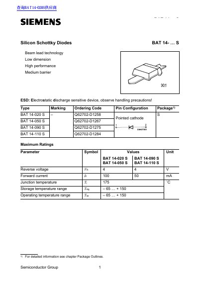 Semiconductor Group Silicon Schottky Diodes BAT 14 Series Datasheet - cover page
