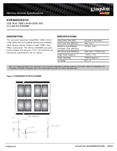 ValueRAM KVR400D2S3/1G DDR2-400 CL3 SODIMM Datasheet - cover page