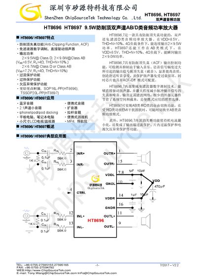 ChipSourceTek HT8696/HT8697 Dual‑Channel Audio Power Amplifier Datasheet - cover page