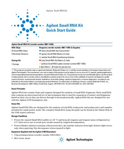Agilent Small RNA Kit Quick Start Guide - cover page