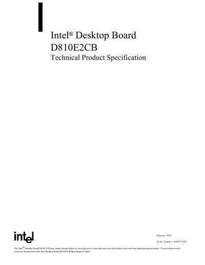 Intel D810E2CB Desktop Board Technical Product Specification - cover page