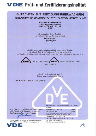 Fairchild Semiconductor Optocouplers VDE Certificate of Conformity - cover page