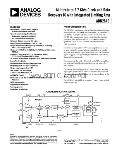 Analog Devices ADN2819 Clock and Data Recovery IC Datasheet - cover page