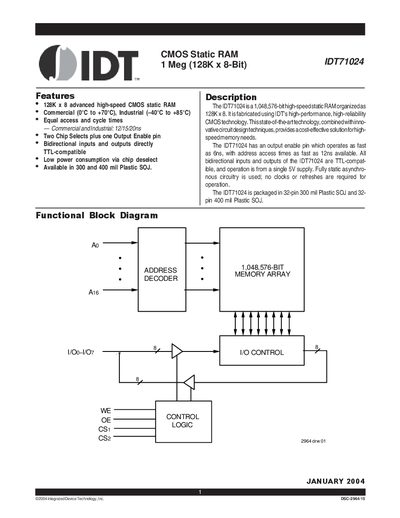 INTEGRATED DEVICE TECHNOLOGY CMOS Static RAM 1 Meg (128K x 8-Bit) IDT71024 Manual - cover page
