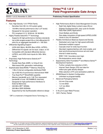 Xilinx Virtex-E 1.8V FPGA Datasheet - cover page