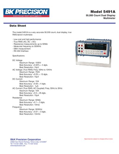 BK Precision 5491A Multimeter Datasheet - cover page