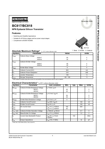 Fairchild Semiconductor BC817/BC818 NPN Epitaxial Silicon Transistor Datasheet - cover page