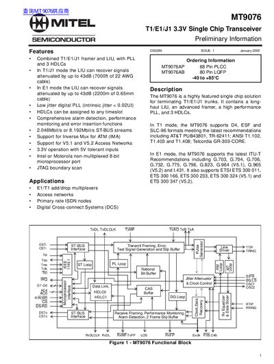 MITEL MT9076 T1/E1/J1 3.3V Single Chip Transceiver Preliminary Information Manual