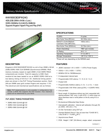 Kingston KHX1600C9D3P1K2/4G DDR3-1600 CL9 4GB Memory Kit Datasheet - cover page