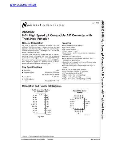 national semiconductor ADC0820 8-Bit High Speed P Compatible A/D Converter with Track/Hold Function handbook