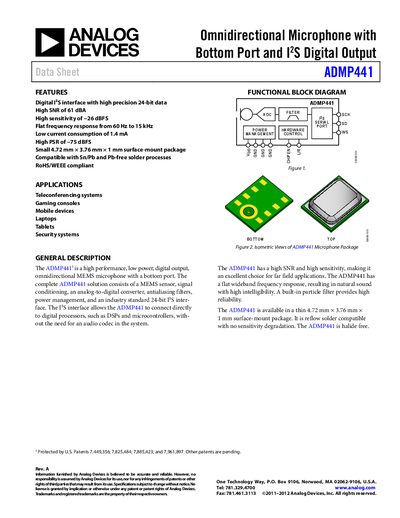 Analog Devices ADMP441 Digital MEMS Microphone Datasheet - cover page
