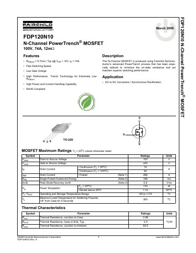 Fairchild FDP120N10 N-Channel MOSFET Datasheet - cover page