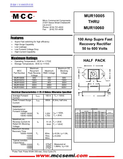 Micro Commercial Components MUR10005 thru MUR10060 Datasheet - cover page