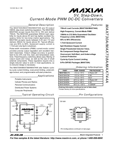 Maxim MAX730A/MAX738A/MAX744A 5V Step-Down PWM DC-DC Converter Datasheet - cover page
