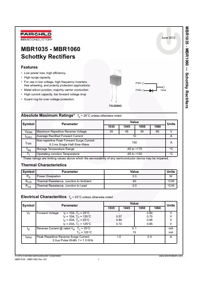 FAIRCHILD MBR1035/MBR1045/MBR1050/MBR1060 Schottky Rectifiers handbook