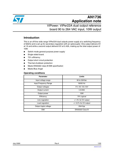STMicroelectronics AN1736 VIPer22A Dual Output Reference Board Application Note - cover page