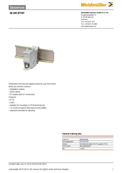 Weidmuller IE-XM-ST/ST Terminal Rail Outlet Handbook - cover page