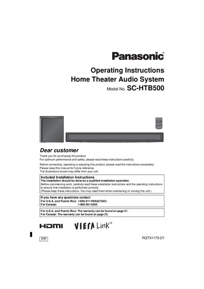 Panasonic SC-HTB500 Home Theater Audio System Operating Instructions - cover page