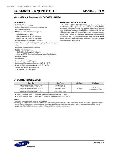 Samsung K4S561633F Mobile SDRAM Datasheet - cover page