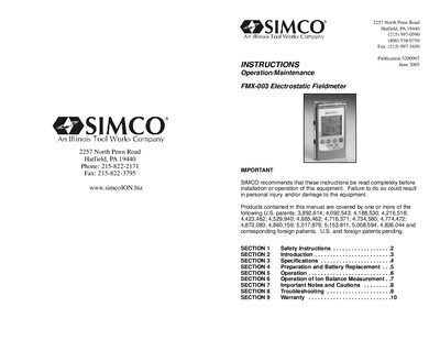 SIMCO FMX-003 Electrostatic Fieldmeter User Manual - cover page