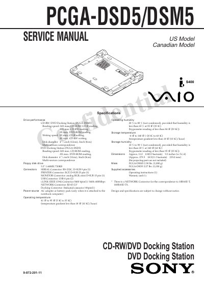 Sony PCGA-DSM5/PCGA-DSD5 CD‑RW/DVD Docking Station Service Manual - cover page