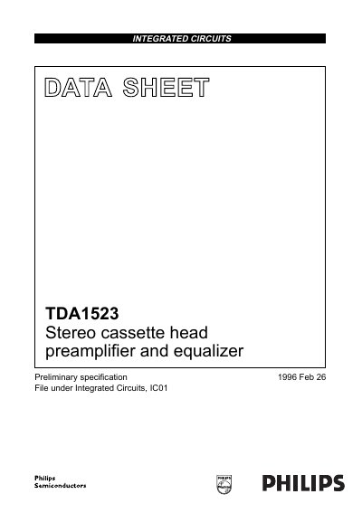 Philips TDA1523 Stereo Cassette Head Preamplifier and Equalizer Datasheet - cover page