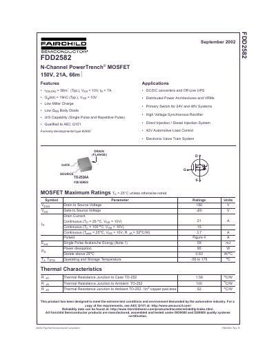 FAIRCHILD FDD2582 N-Channel PowerTrench MOSFET 150V 21A 66mOhm handbook - cover page