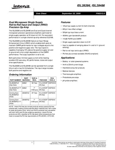 Intersil ISL28286/ISL28486 Dual Micropower Rail-to-Rail Input Output Precision Op-Amp Datasheet - cover page