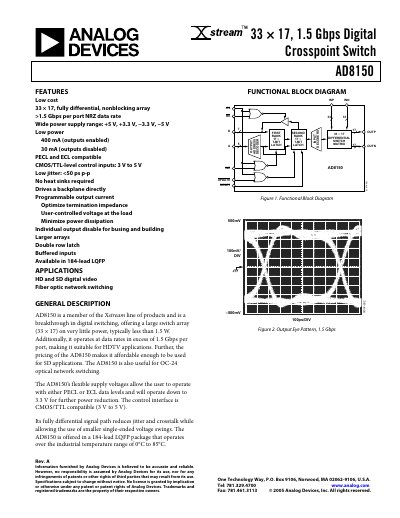 Analog Devices AD8150 Digital Crosspoint Switch Datasheet - cover page