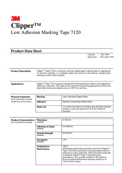 3M 7120 Low Adhesion Masking Tape Product Data Sheet - cover page