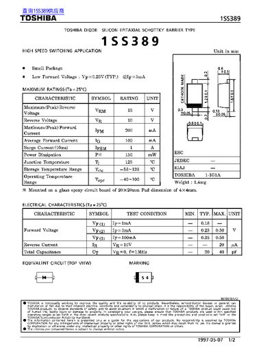 Toshiba 1SS389 Silicon Schottky Diode Datasheet - cover page