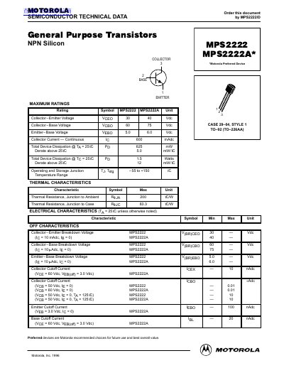 Motorola MPS2222/MPS2222A General Purpose Transistors Datasheet - cover page