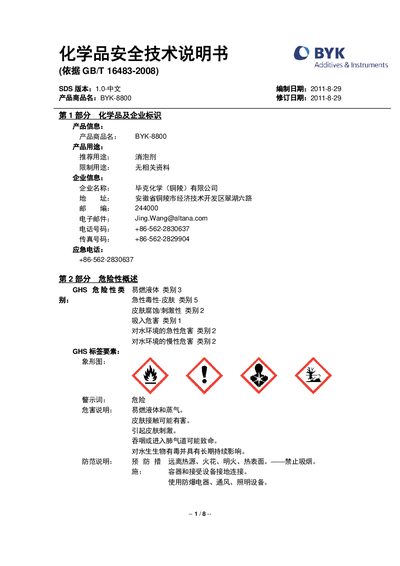 Altana BYK-8800 Anti‑Foam Agent Safety Data Sheet - cover page