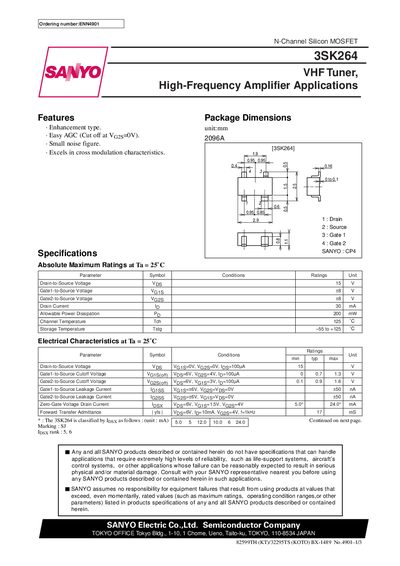 SANYO 3SK264 N-Channel MOSFET Datasheet - cover page