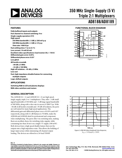 ANALOG DEVICES 350 MHz Single-Supply (5 V) Triple 2:1 Multiplexers AD8188/AD8189 English products handbook Rev 0 - cover page