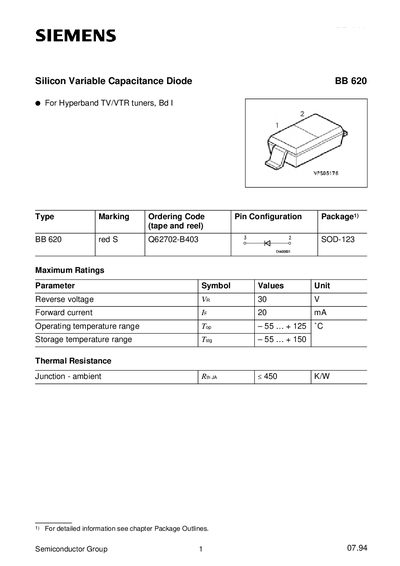 Siemens BB 620 Silicon Variable Capacitance Diode Datasheet - cover page