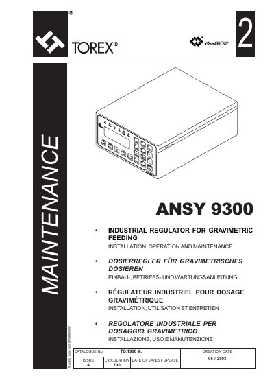 TOREX ANSY 9300 Industrial Regulator Installation Operation and Maintenance Manual - cover page