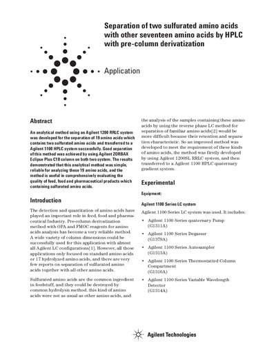 Agilent Application Note: Separation of Sulfurated Amino Acids by HPLC with Pre-column Derivatization - cover page