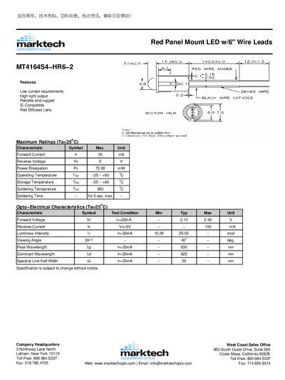 Marktech MT4164S4-HR6-2 Red Panel Mount LED Datasheet - cover page