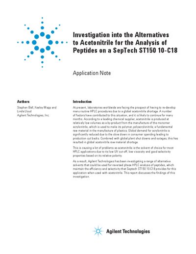 Agilent Investigation into Alternatives to Acetonitrile for Peptide Analysis on ST150 10-C18 Application Note - cover page