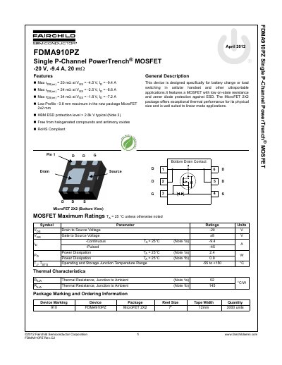Fairchild FDMA910PZ Single P-Channel PowerTrench MOSFET Datasheet - cover page
