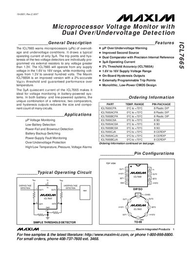 Maxim ICL7665 Voltage Monitor Datasheet - cover page