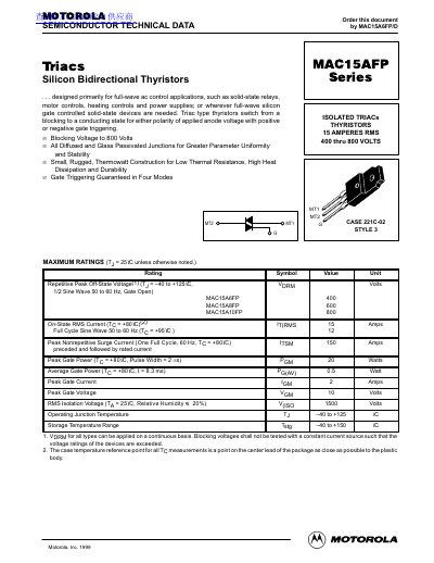 Motorola MAC15AFP Series Silicon Bidirectional Thyristors Datasheet