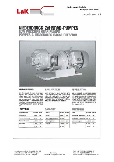 L&K Anlagentechnik 40.00 Series Low Pressure Gear Pump Data Sheet - cover page