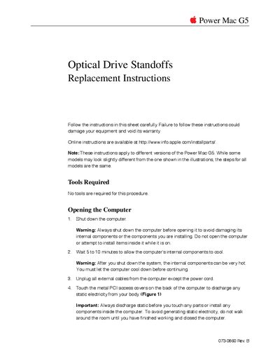 Apple Power Mac G5 Optical Drive Standoffs Replacement Instructions - cover page