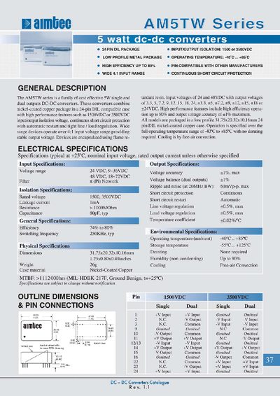 AIMTEC AM5TW Series DC-DC Converters Datasheet - cover page