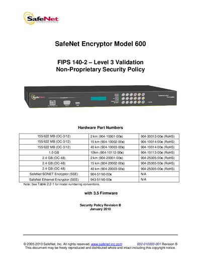 SafeNet Encryptor Model 600 FIPS 140-2 Level 3 Security Policy