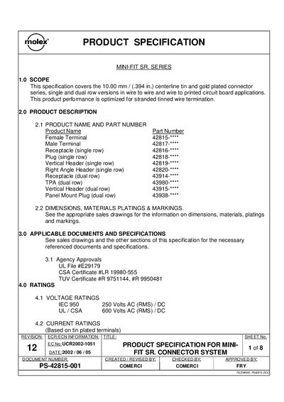 Molex Mini-Fit SR Series Product Specification - cover page